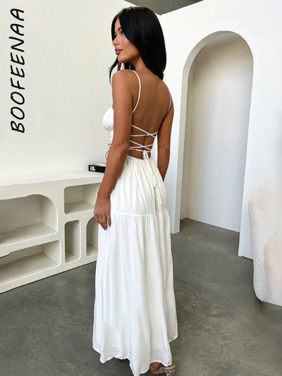 BOOFEENAA Halter Backless Maxi Long Dress Sexy Vacation Outfits White Black Summer Dresses for Women Clothes 2024 C66-CH28