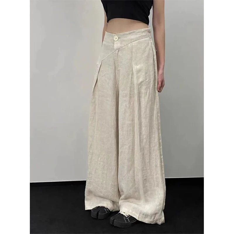 Streetwear Wide Leg Pants Women Fashion Pleated Linen Baggy Pants Summer Korean High Waist Casual Design Straight Trousers New