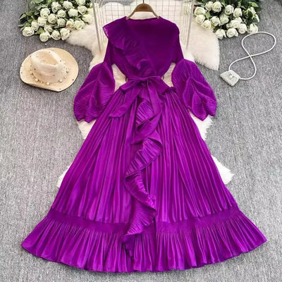 Women's V Neck Ruffles Splice Lantern Sleeve High Stretch Oversized Dresses Miyake Maxi Pleated 2025 Spring Long Party Clothing