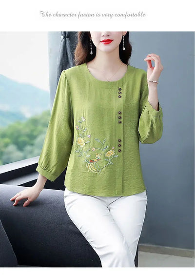 Summer Cotton Linen Embroidery Loose Casual Blouse Lady 3/4 Sleeve Vintage All-match Top Women Fashion Oversized Elegant Shirt