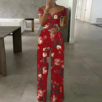 Women's Fashion Printed Casual High Waist Jumpsuit Ladies Sexy Off Shoulder Flower Short Sleeve Wide Leg Jumpsuit Woman Rompers