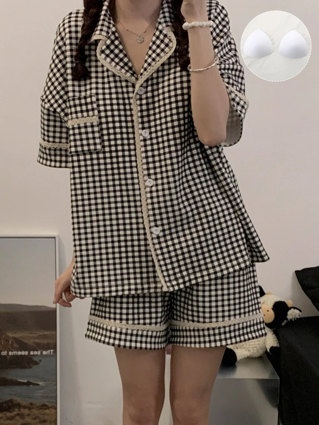 Women's sleepwear 2025 new summer plaid lapel lace lace lace short sleeved shorts can be worn as a two-piece home outfit