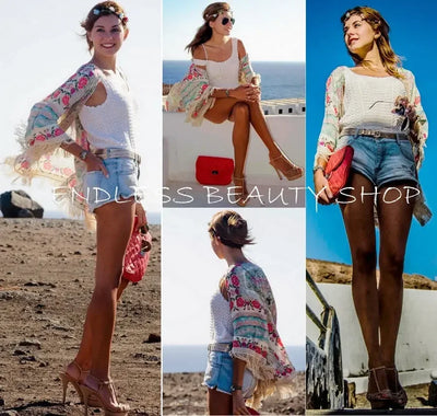 Women Shirts Summer Holiday Boho Floral Print Thin See Through Tassel Half Sleeve Cardigan Beachwear Cape Shirts Woman Tops