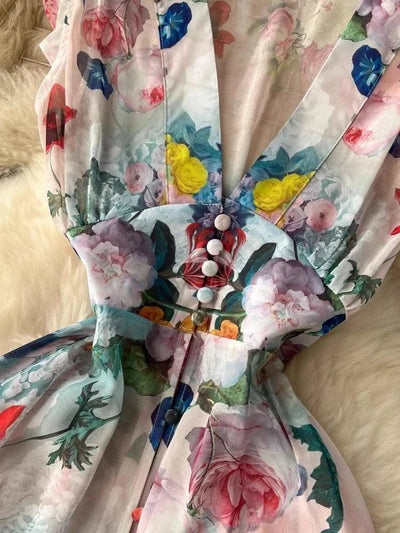 Summer Holiday Gorgeous Floral Retro Dress Women Sleeveless Ruffles Flower Print Dress Female Bohemain Robe Festival Vestidos