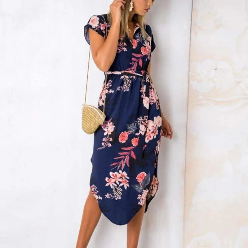 Women's Summer Casual Short Sleeve Print V Neck Maxi for Summer (Party, outdoors Dress)