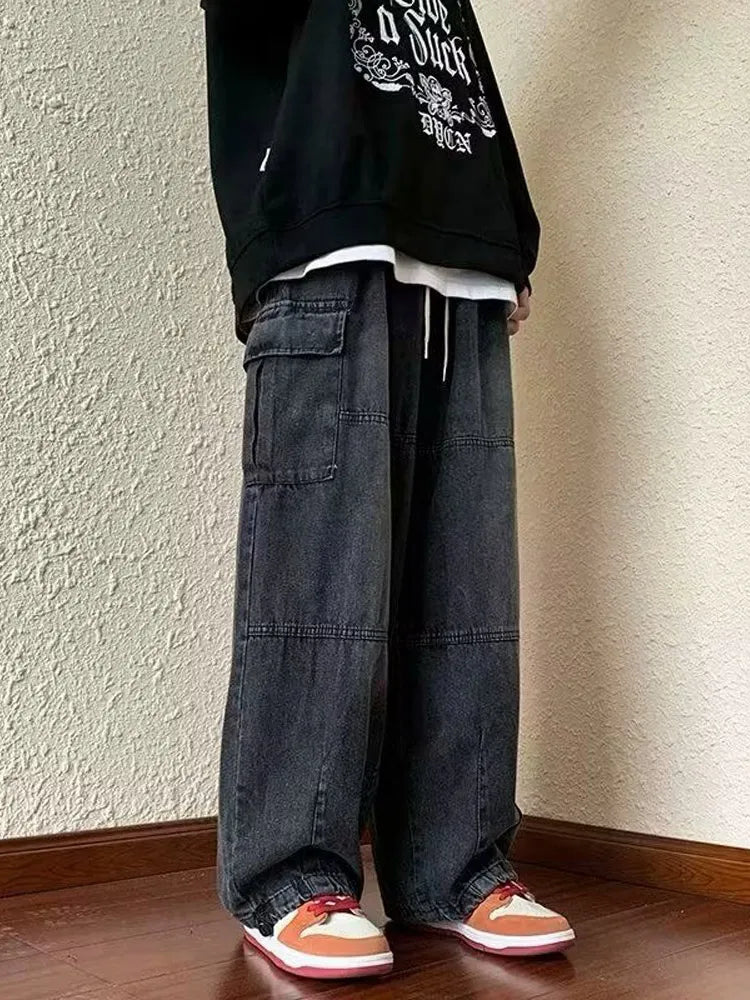 Denim Trousers For Men Adjustable Drawstring Y2k Versatile Baggy Cargo Jeans Men's Hippie Jogging Wide leg Pants Male Streetwear