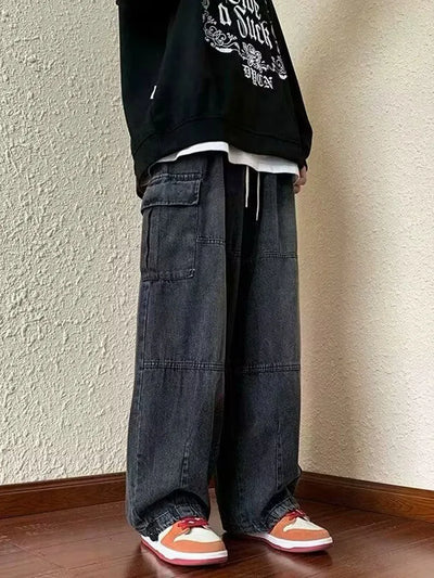 Denim Trousers For Men Adjustable Drawstring Y2k Versatile Baggy Cargo Jeans Men's Hippie Jogging Wide leg Pants Male Streetwear