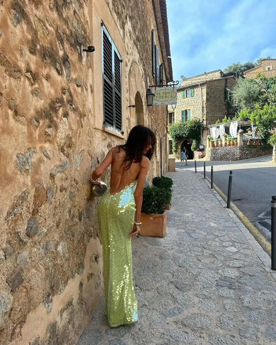 Shiny Sequins Off Shoulder Open Back Long Slim Maxi Dresses | Women, Girls | Summer Vacation Evening Party Gown