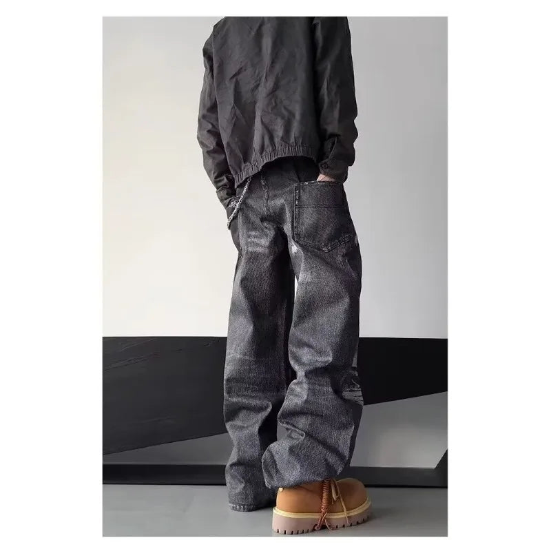 High Street Men's Jeans Trendy Printed Pattern Washed Worn-out Straight Leg Jeans American Style Male Denim Pants Black Jeans