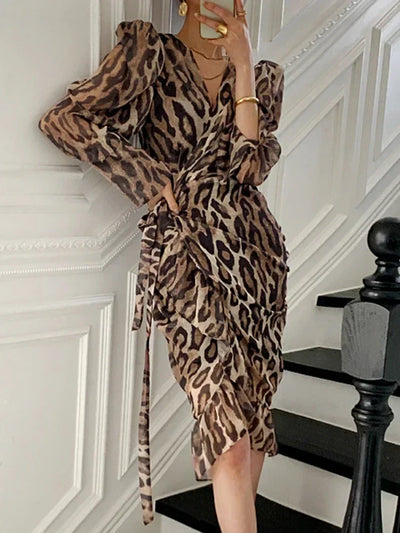 New Fashion Leopard Print Casual Dresses for Women Sexy V-Neck Chicly Lace-Up Slim Waist Basic Long Sleeve Simple Female Dresses