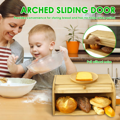 Bamboo Bread Storage Box Large Capacity Keep fresh Storage Bin Bread Cookies Food Storage Containers with Roll Lid Sliding door