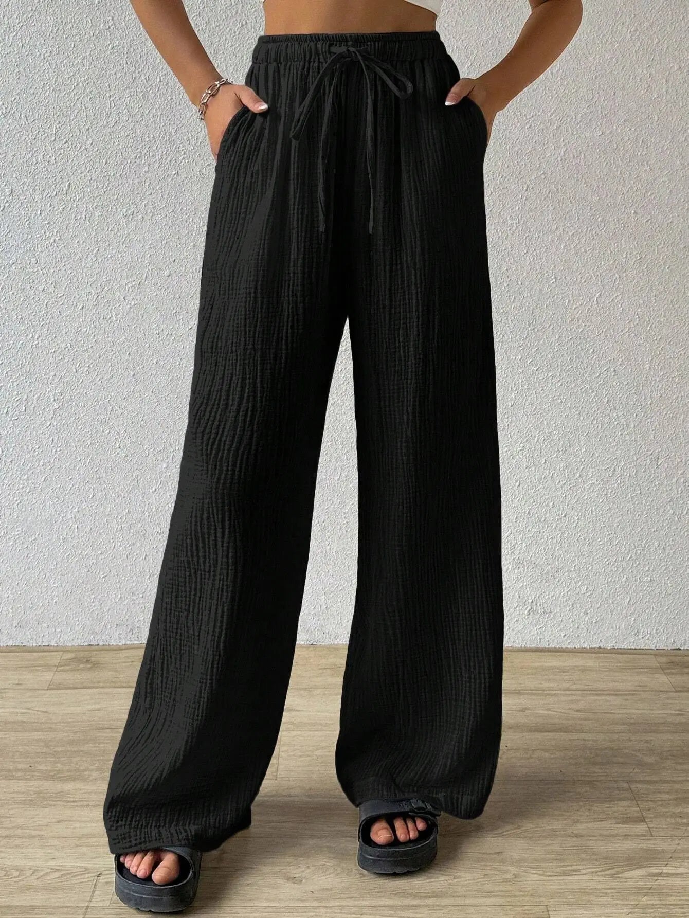 Wide Leg Floor Length Pants Women Drawstring Pant Loose Y2k Streetwear Capris Pockets Casual Sports Summer High Waist Basics