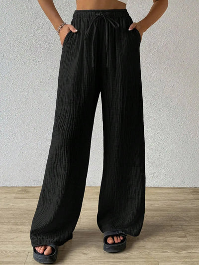 Wide Leg Floor Length Pants Women Drawstring Pant Loose Y2k Streetwear Capris Pockets Casual Sports Summer High Waist Basics