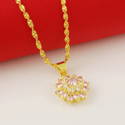 Luxury 24k Real Gold Necklace Electroplating Inlaid Zircon Powder Crystal Gold Necklace For Woman Charm Jewelry Gift