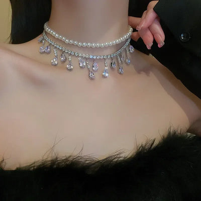 Luxury Rhinestone Crystal Chokers Necklaces For Women Multilayer Imitation Pearl Chain Necklace For Party Wedding Jewelry