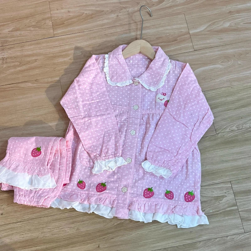 Spring Summer Women's Loungewear Cotton Yarn Pink Polka Dot Long-sleeved Top Fruit Print Sweet Short-sleeved Pajama Suit Female