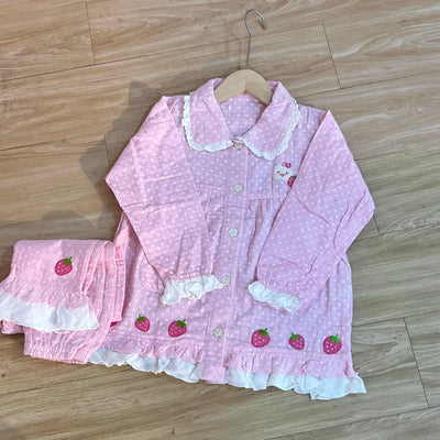 Spring Summer Women's Loungewear Cotton Yarn Pink Polka Dot Long-sleeved Top Fruit Print Sweet Short-sleeved Pajama Suit Female