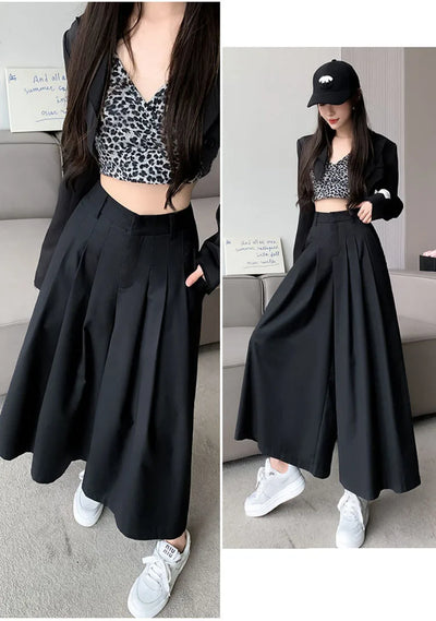 Oversize Wide Leg Pants For Women Gathered Waist Spliced Ruched Casual Solid Long Trousers Female Clothing Summer