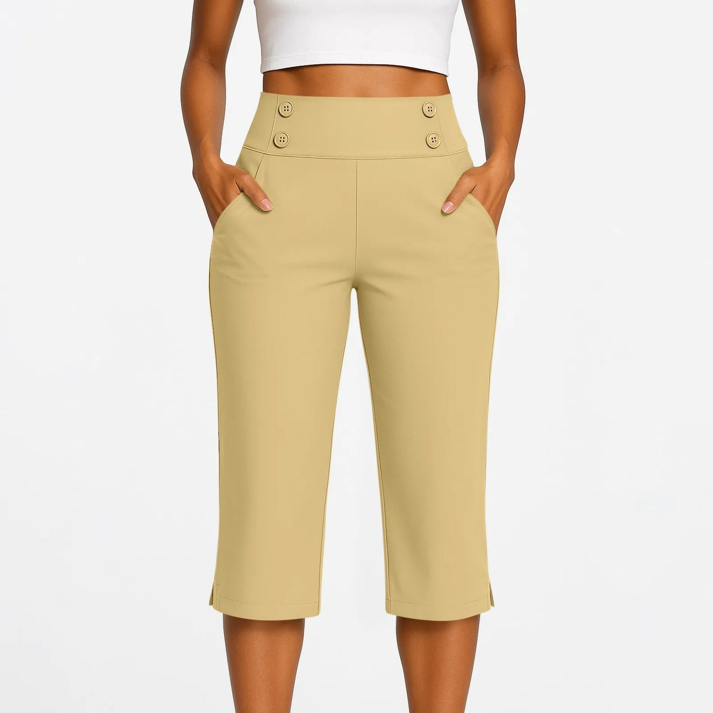 Women Elastic High Waist 3/4 Pant Casual Active Fit Wide Capris Leg Pants Trousers With Pockets Pants Woman брюки женские