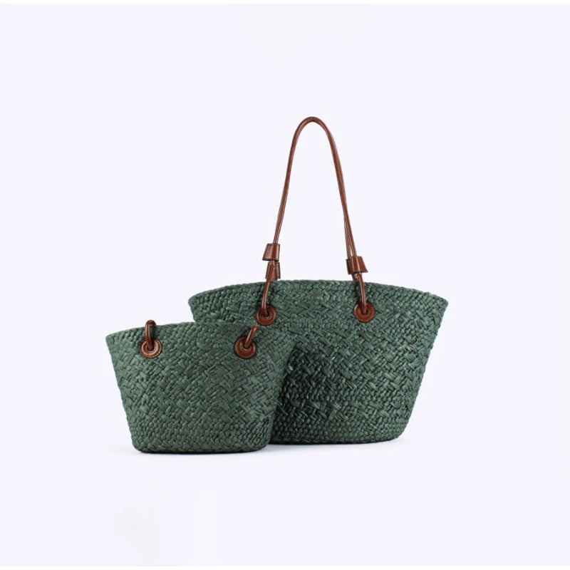 Designer Bohemian Chic Shoulder Bag,Solid Color Large Capacity Straw Woven Tote Bag,Nature-Inspired Beach Vacation Women Handbag