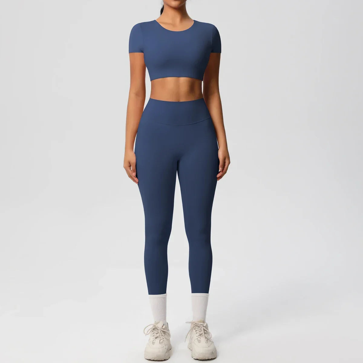 Yoga Set 2 Pieces Women Tracksuits Workout Sportswear Gym Clothing Fitness Short Sleeve With Padded High Waist Leggings Suits