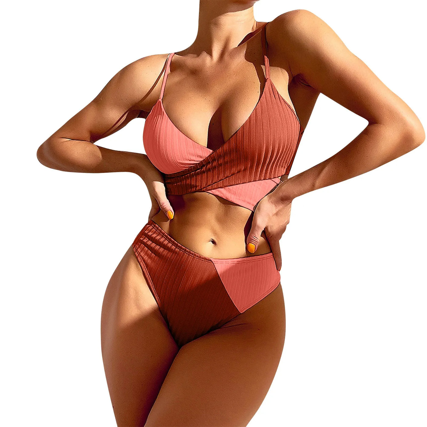 Summer Ladies Sexy High Waist Print Two Piece Bikini Sets Biquini Women Swimsuit Clothing Set Color Block Mujer Swimwear Suits