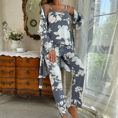 Women's Sleepwear Lounge Wear 3 Pcs Women Pajamas Set  Floral Printed Sleepwear Cami Top&Long Pants with Bathrobe Dressing Gown