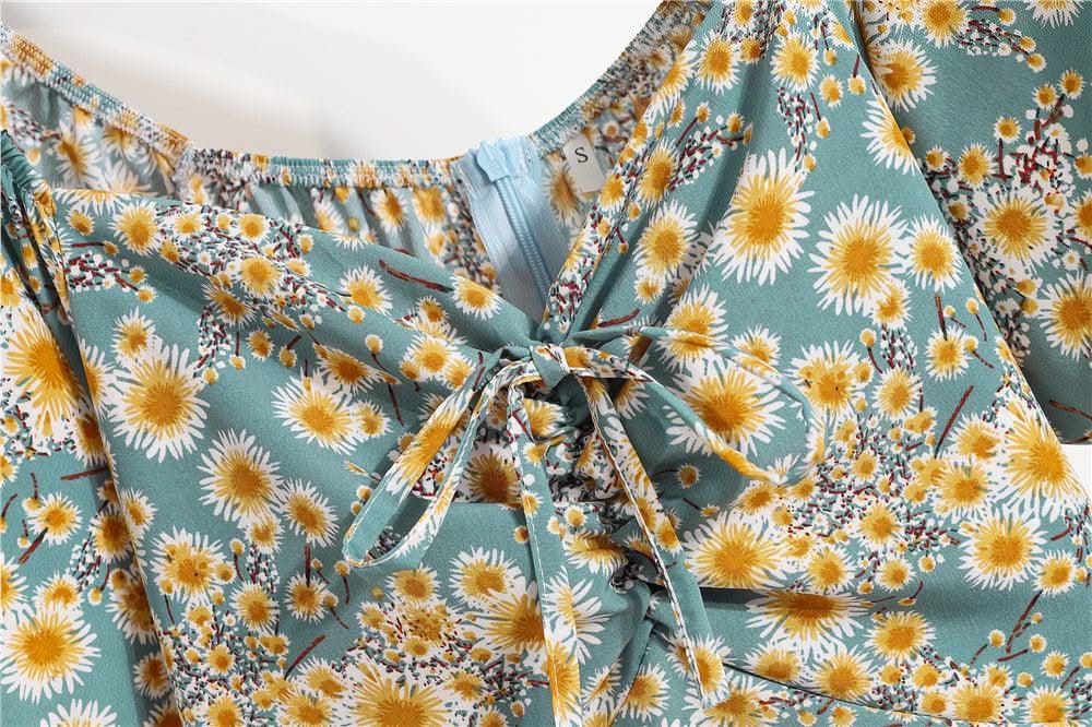 Women Mini Printed Floral Chiffon Shirring Pleated Short Puffy Sleeve Casual Dresses Summer Fashion