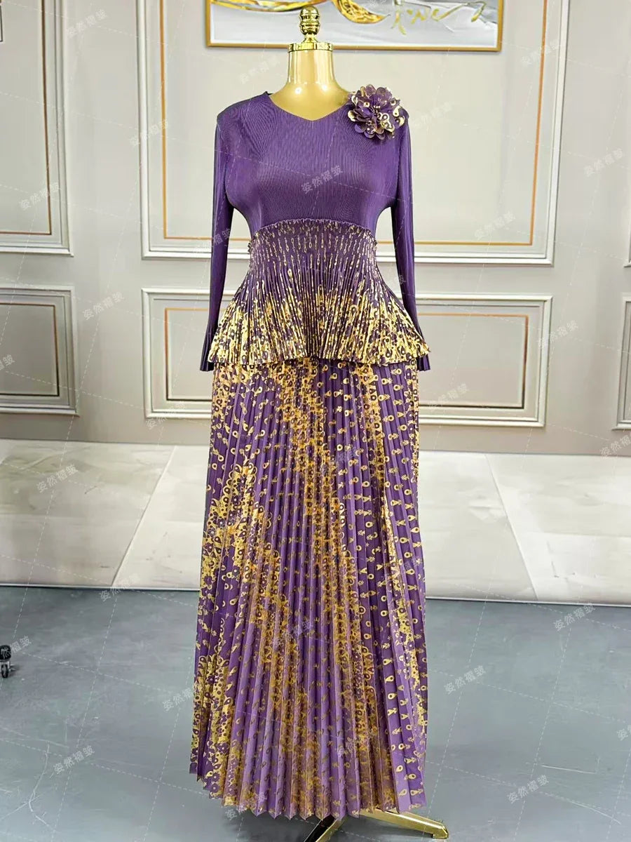 Luxury Women Chic Evening Dresses 2025 Formal Ball Gowns Elegant Party Miyake Pleated Long Sleeve Dress Female Plus Size Clothes