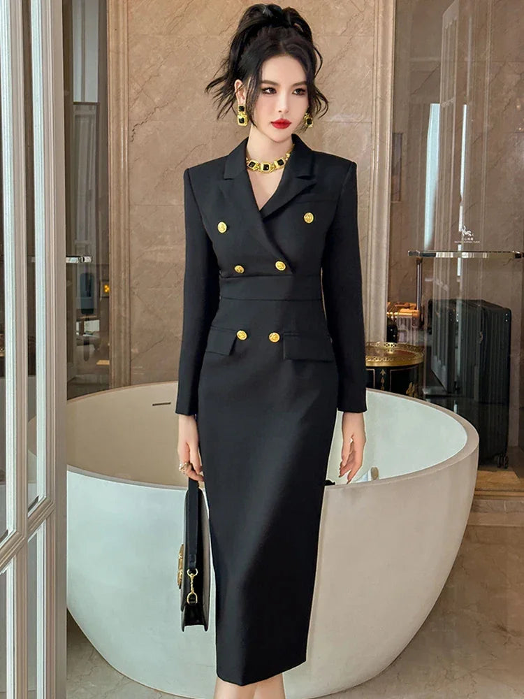 Fashion Elegant Midi Dress Women's Professional Business Style Long Sleeve Double Breasted Slit Robe Office Lady Work Vestidos