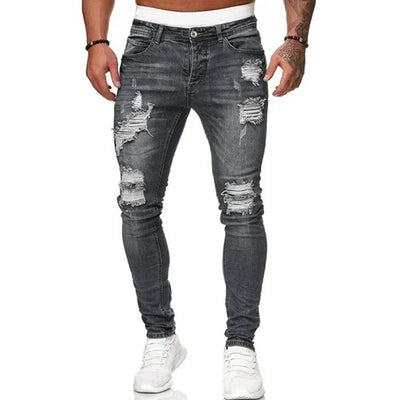New Fashion Streetwear Ripped Skinny Jeans Men Vintage Wash Solid Denim Trouser Mens Casual Slim Fit Pencil Denim Pants Hot Sale