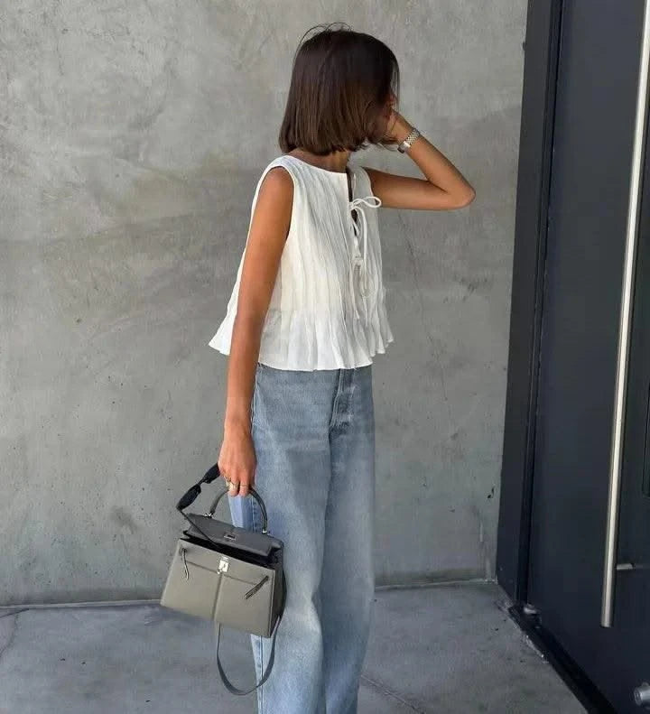 Linen Cotton Pleated Lace-up Elegant White Women Tops Tanks 2025 Summer Women Causal O-neck Sleeveless Ruffles Vest Streetwear