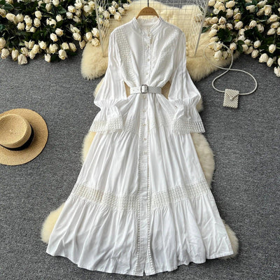 Retro Elegant Summer Stand Collar Flare Sleeve Single Breasted Lace Spliced Dress A-line French Evening Party Women Dresses
