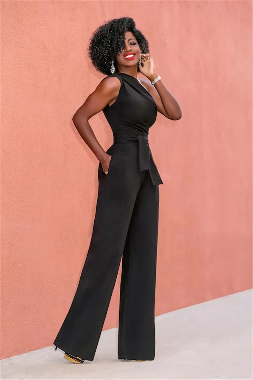 Women's Jumpsuit Solid Skew Collar Crop Top Straight Pants Belt Sexy Sleeveless Loose Pants Elegant Charming Playsuits 2024