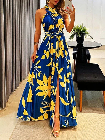 Women's Dress New Summer Printing Boho Robe Hanging Neck High Waist Split Sexy Dress Long Dresses Woman Clothing Party Dresses