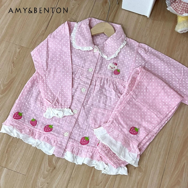 Spring Summer Women's Loungewear Cotton Yarn Pink Polka Dot Long-sleeved Top Fruit Print Sweet Short-sleeved Pajama Suit Female