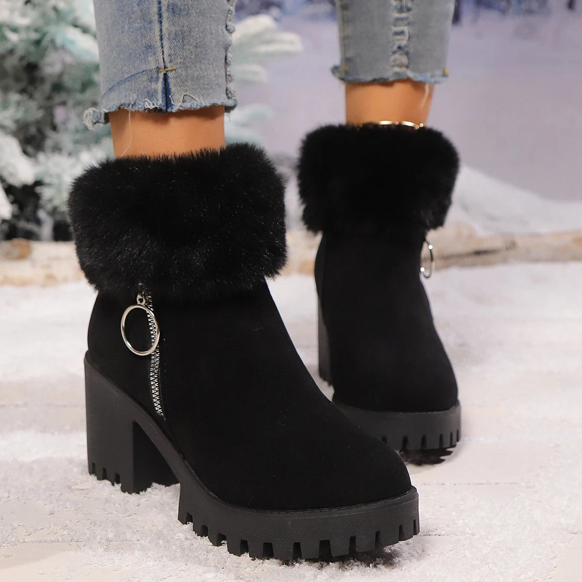 Women's Boots Winter for Ankle Rubber Outsole Warm Cotton Leather Fur Integrated Boots Botas Mujer Platform Ankle Boots Elegant