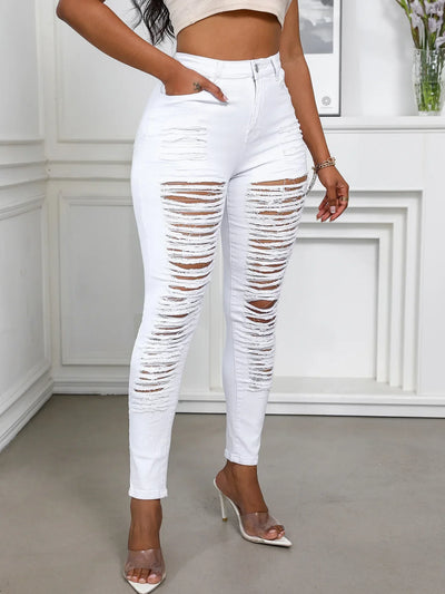Women's Spring and Fall Fashion Elastic Ripped Jeans Women Casual Close-fitting High-waisted Denim Small Leg Pants Pencil Pants
