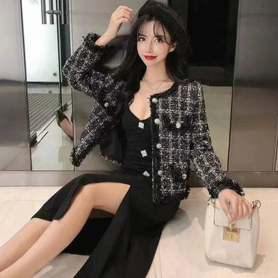 Luxury Tweed Jacket Women Coat Long Sleeve Tweed Blazer Crop Jacket Short Tops Plaid Pockets Office Ladies Clothing New