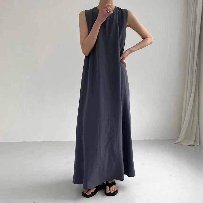 REALEFT Summer Women Maxi Dress 2024 New Solid Color Elegant Pockets Loose Waist Sleeveless Casual Summer Dresses Female