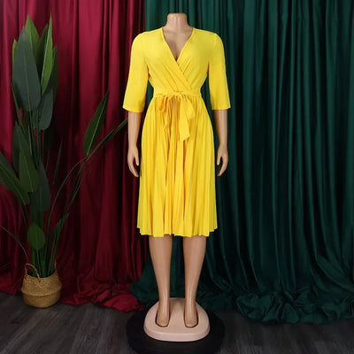 Elegant Office Dresses for Women Professional V Neck Full Sleeve Sashes Pleated Mid Calf Formal Business Work Wear Dress Midi OL
