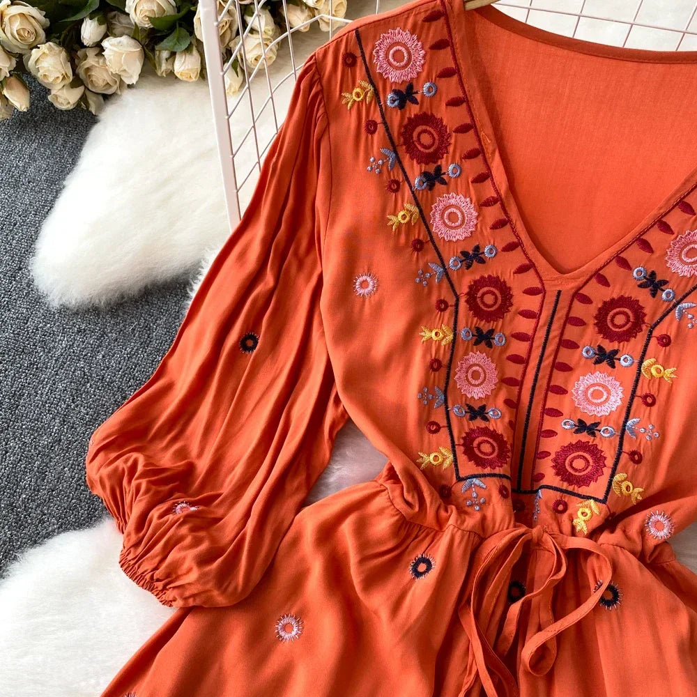 Boho Dress for Women Embroidery Floral Print V-neck Elastic Waist Lace-up Dresses with Belt Summer Vestidos Folds Dropshipping