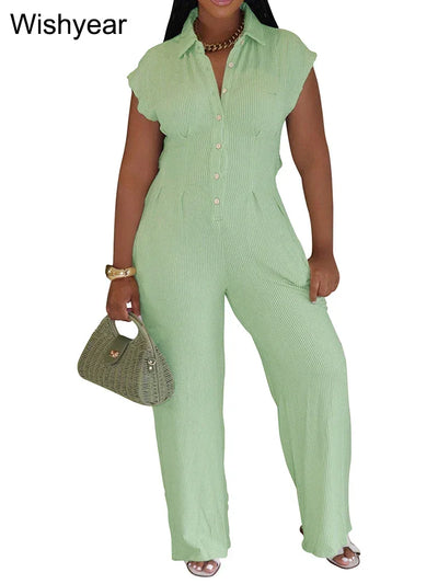Women Casual Ribbing Loose Straight Jumpsuit Sleeveless Button High Waist One Pieces Wide Leg Rompers Summer Streetwear Overalls