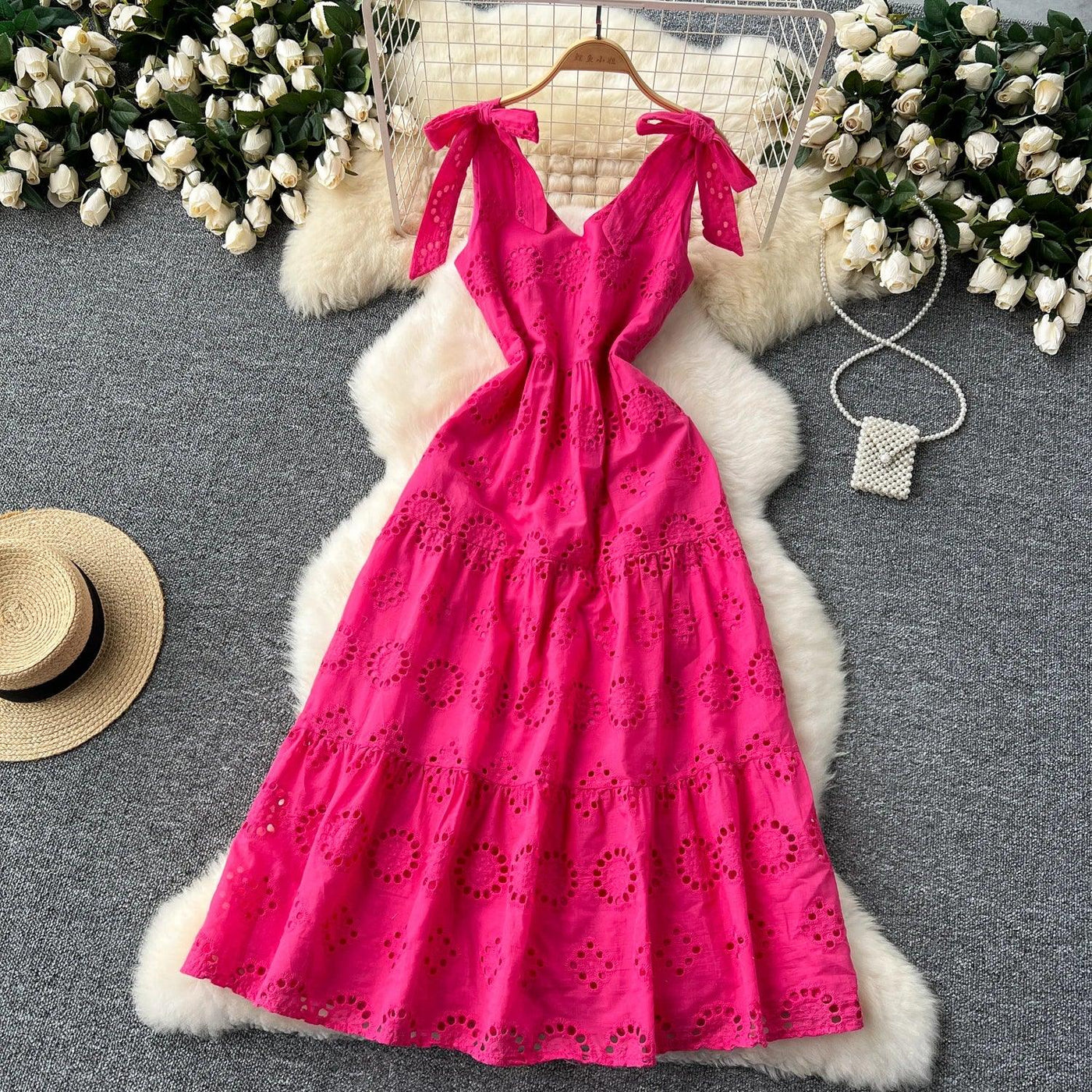 French Vintage Hollow Out Embroidery Butterfly Bow Bandage Slip Dress A-line Chic Casual Beach Vacation Women Summer Dresses