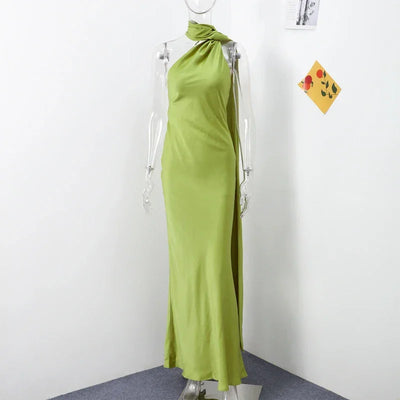Sexy Satin Ribbon Party Dress Women Elegant Halter Backless Off Shoulder Sleeveless Female Dresses 2024 Summer Solid Robe Gown