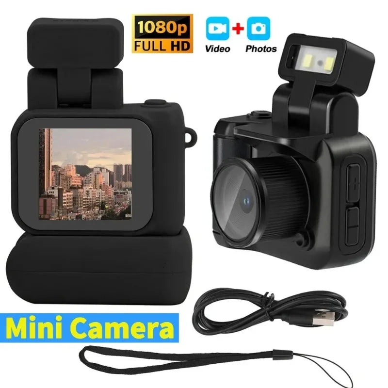 Mini cameras with high-definition displays, retro cameras with flashes and battery stands, digital cameras, and small cameras