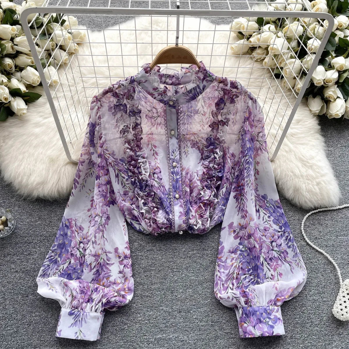 Women Ruffles Lace Floral Print Retro Elegant Button Shirts Summer Fashion Sweet Chic Stand Collar Long Sleeve Blouse Loose Tops