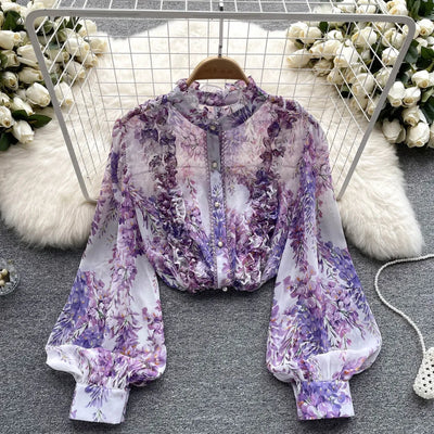 Women Ruffles Lace Floral Print Retro Elegant Button Shirts Summer Fashion Sweet Chic Stand Collar Long Sleeve Blouse Loose Tops