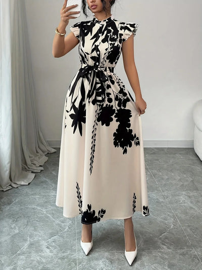 Summer Dress Women Flower Floral Print Fashion Elegant Ladies Dresses Slim High Waist Ruffle Pleated Woman Dress