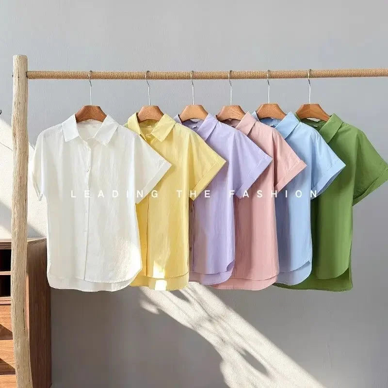 Women Clothing Summer Fashion Casual Button Solid Color Polo Collar Female Simplicity Temperament Appear Thin Short Sleeve Tops